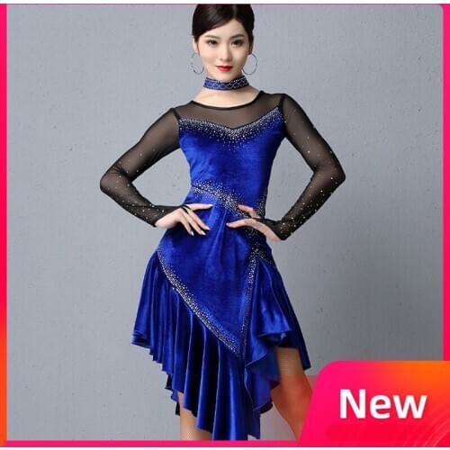 New Latin Dancing Clothes Women Autumn Winter Long Sleeve Velvet Costumes Rumba Competition Performance Stage Dresses DQL2824