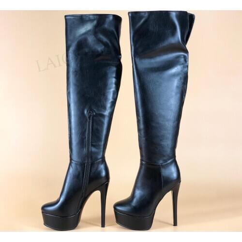 LAIGZEM Super Women Over Knee High Boots Faux Leather Platform Heels Side Zip Boots Frauen Stiefel Shoes Woman Big Size 37 38 52