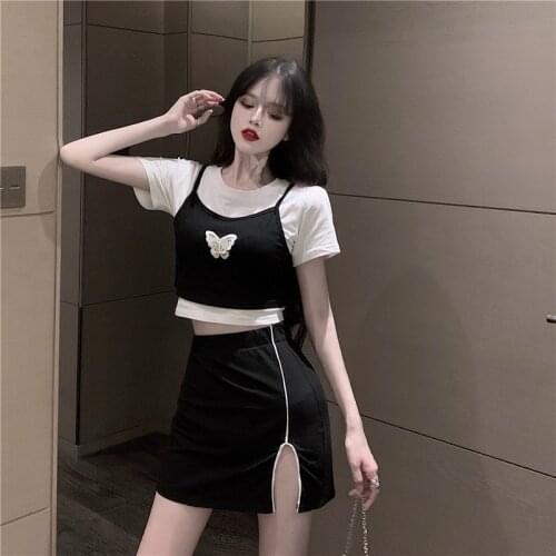 Butterfly Embroidery Short Sets Girl Group 3 Piece Set Women Split 2021 Summer Solid Skirts Sweet Tops Three Piece Set Skirt