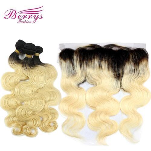 Brazilian Remy Hair #1b/613 Body 3 Bundles with Frontal 13x4" Black Roots with Blonde Hair Ombre Color Hair Weave Berrys Fashion