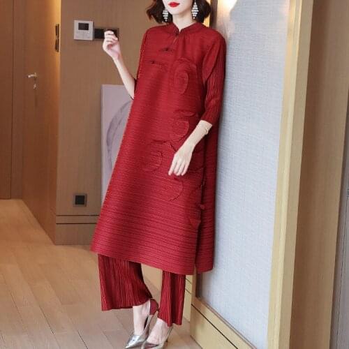 Changpleat 2021 early autumn new womens red dress two-piece suit Miyak Pleated Fashion plus size loose Long T-shirt sets