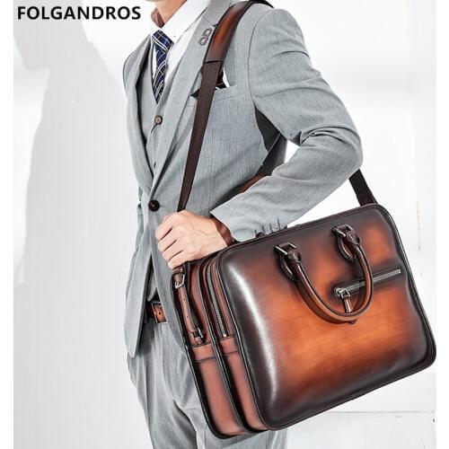 2019 Italy Genuine Leather Briefcases For Men Handmade 15 Inch Laptop Case Office Work Business Double Zipper Open Shoulder Bag