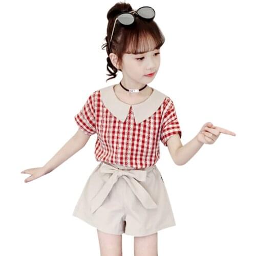 Children Clothes Plaid Tshirt + Short Tracksuits For Girls Patchwork Girl Clothing Summer Costumes For Children 6 8 10 12 14