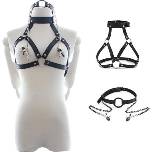 Women Leather Bra with Mouth Gag Ring Sexy Lingerie Breast Harness Udder BDSM Bondage Restraints Adult Games Bras Exotic Sex Toy