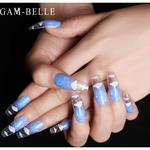 GAM-BELLE White Cloud Glitter Artificial Nail Tips French Long Ballerina Blue Full False Nails Art Decoration Manicure Tool