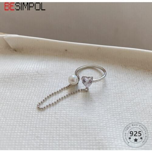 Besimpol 100% Real 925 Sterling Silver Rings Simple Pearl Heart Zircon Beads Chain Adjustable Ring For Girl Fashion Fine Jewelry