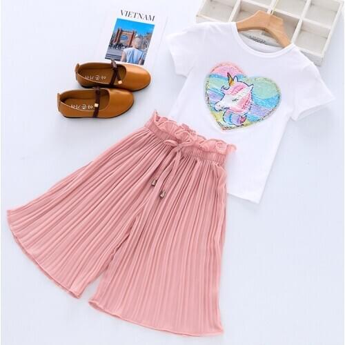Kids Girls set unicorn summer 2020 new childrens sequin cartoon T-shirt pleated chiffon wide-leg pants two-piece suit
