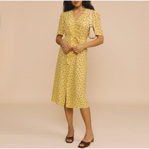 Summer Clothes Dresses For Women 2021 Vintage Floral Midi Dress V Neck Short Sleeve Button Up Chic Elegant Shirt Dress With Belt