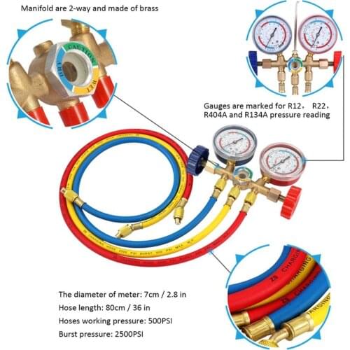 New Refrigerant Manifold Gauge Set Air Conditioning Tools with Hose and Hook for R12 R22 R404A R134A Air Condition