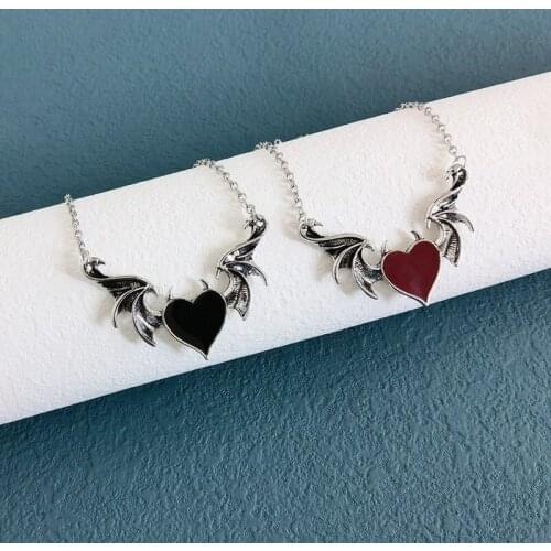 Bat Wing Necklace with Black Red Heart Vampire Bat Necklace Gift for Bat Lover Silver Plated Bat Wing Necklace Halloween Jewelry