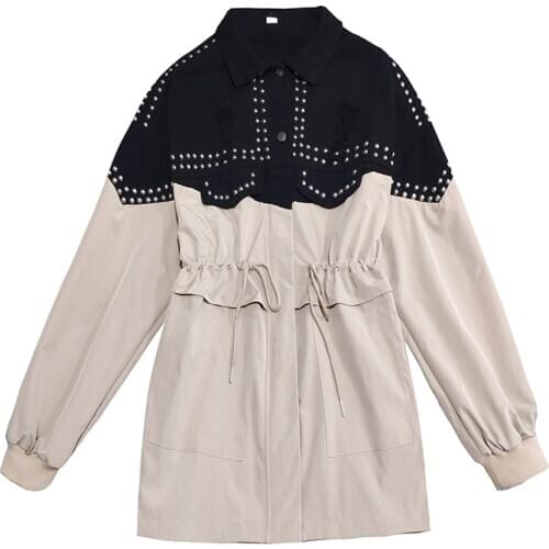 PERHAPS U women khaki denim rivet hole patchwork turn down collar jacket long sleeve lace-up button windbreaker jacket C0479
