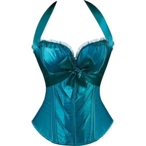 Sexy Lace Up Satin Corset With Cup Lingerie Zipper Side Overbust Corsets And Bustiers Party Bow Halter Corset Plus Size S-2XL