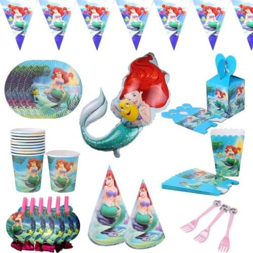 Ariel Mermaids Party Supplies Paper Cups Plate Straw Cup Happy Birthday Party Favors Cartoon Figure Decorations Supplies