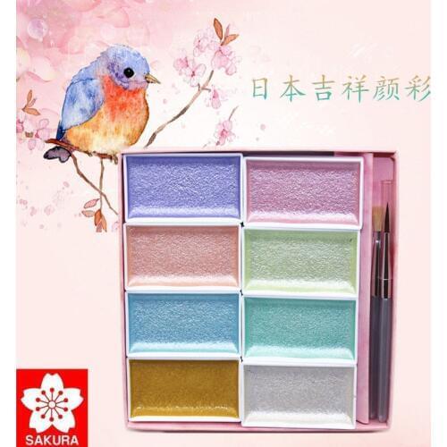 Sakura 8 Solid Watercolor Paint Set With Water Brush Pen Foldable Shiny color Water Color Pigment For Draw