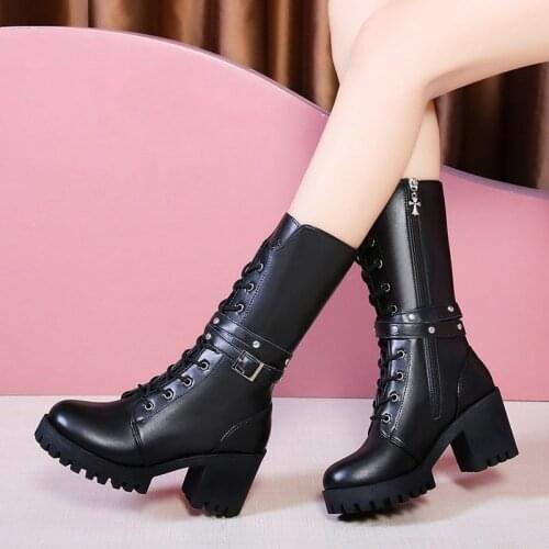 Sexy Boots Woman Shoes Fashion High Heel Motorcycle Boots Leather Female Platform Shoes Womens Winter Boots Mid-Calf 2020