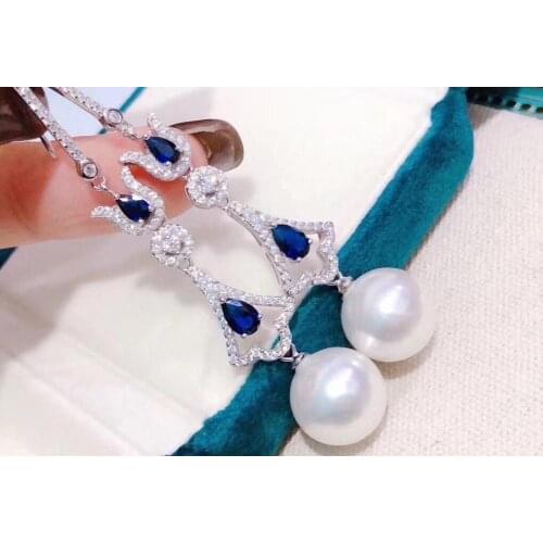 D608 Pearl Earrings Fine Jewelry 925 Sterling Silver Round 10-11mm Zircons Nature Fresh Water White Pearls Drop Dangle Earrings