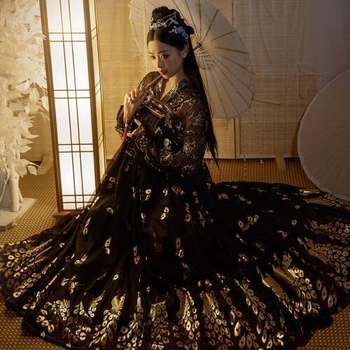 Hanfu Women Traditional Chinese Dance Costumes Black Gold Fairy Dress Chinese Opera Rave Outfit Ancient Chinese Costume DNV12775