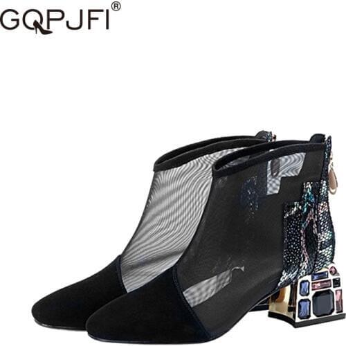 Spring And Fall Breathable Mesh Yarn Cool Boot Rear Zipper Rhinestones Ankle Boots Hollow Out High Shoe Fashion New Womens Shoe