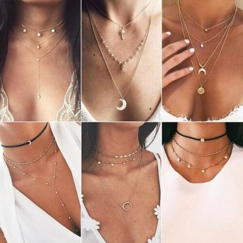 Vintage Exquisite Multilayer Pendant Necklace Set Charm Creative Simple Elegant Moon Pendant Collar Choker Necklaces Jewelry