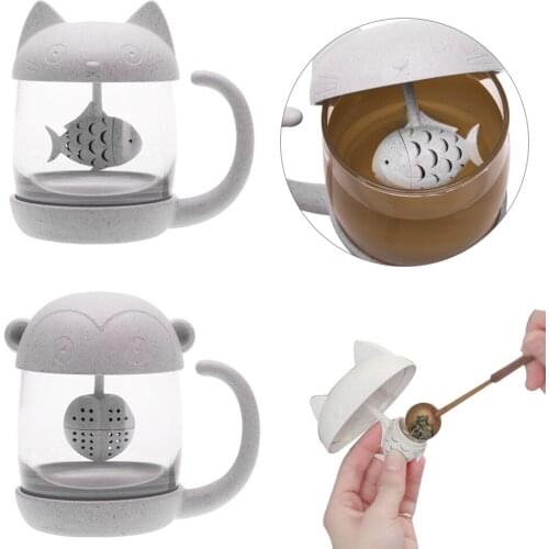 High Quality Cat Glass Tea Mug Cup With Fish Tea Infuser Strainer Filter Office Tea Glass Bottle 250ml
