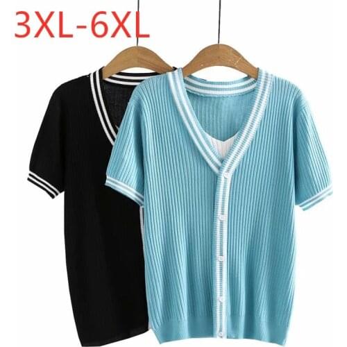 New 2021 Ladies Summer Plus Size Knit Tops For Women Large Pullover Short Sleeve Slim Elastic Black Blue Shirt 3XL 4XL 5XL 6XL