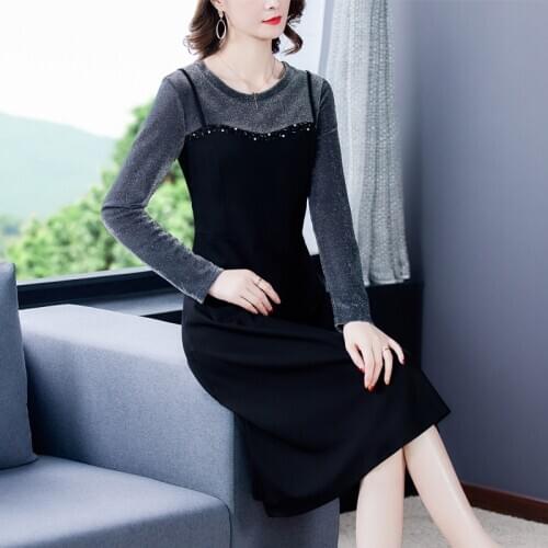 Women 5XL Plus Size Patchwork Sequins Midi Vestidos Spring Casual Vintage Black Long Sleeve Dress Elegant Bodycon Party Dresses