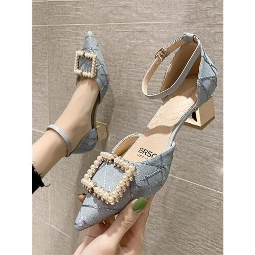 Large size 34-40 ladies sandals summer hot sale casual sweet wind pointed toe buckle rhinestone square buckle high heels