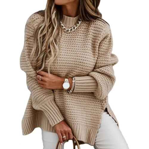 Women Autumn Winter Mock Neck Side Split Hem Long Puff Sleeve Sweater Pullover