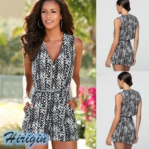 Summer Playsuits Hot Women Summer Casual V Neck Sleeveless Loose Playsuits Black and White Lace Up Playsuits