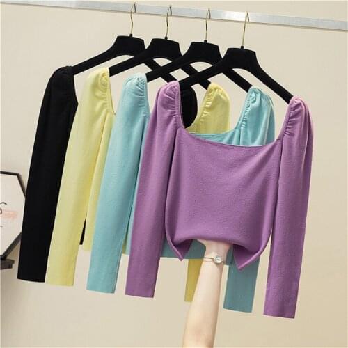 Spring Autumn Knitted Pullover Tops Women Puff Sleeve Fashion Crop Top T shirt Female Candy Color Solid Knitwear Undershirt