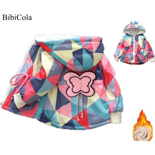 Winter Girls Clothes Coat Zipper Hooded Jacket Cartoon Behind Butterfly Plus Velvet Thicken Jacket