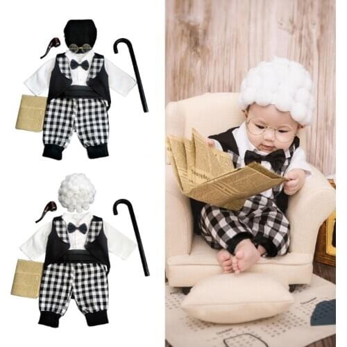 1 Set Newborn Photography Props Costume Infant Baby Boys Cosplay Grandpa Hat Clothes Photo Shooting Outfits Baby Foto Gift