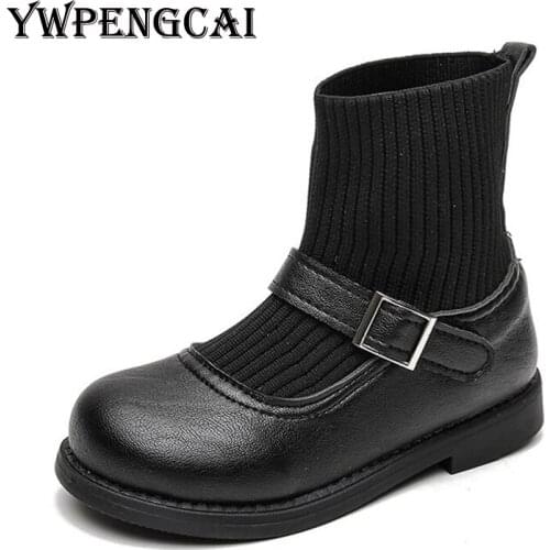 YWPENGCAI Spring Autumn Girls Boots Vintage Style School Leather Shoes Ankle Knitted Boots Size 26-36