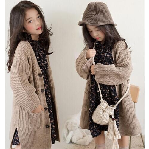 2020 Autumn Winter Girls Korean Long Knitted Sweater Kids Knitwear Cardigan Coat Childrens Single-Breasted V-neck Sweaters X252