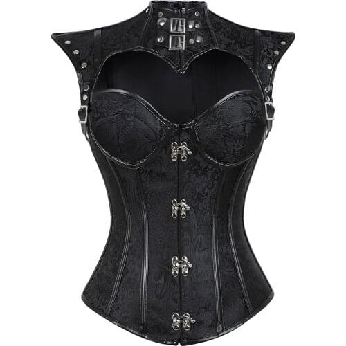 Womens Steampunk Jacquard Overbust Sexy Corset with Decorative Cap Sleeve Shrug Bustiers Punk Waist Cincher Corselet Top
