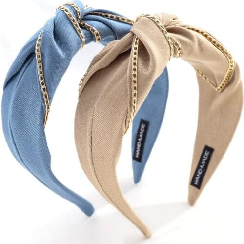 Hot Sale New Fashion Hairband Plain Color Fabric Chain Knot Headband Wide Cross Korean Headbands for Women Hair Accessories