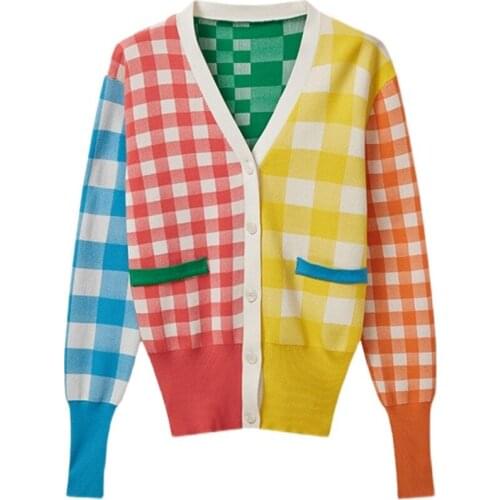 Rainbow Plaid Thin Cardigan Womens Spring Summer Knitted Sweater 2021 Slim V-neck Ice Silk Knitwear Ladies Streetwear Tops