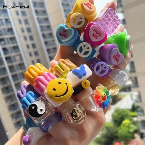 New Smile face Yin Yang Tai Chi Colorful Clear Geometric Square Heart Letter Resin Acrylic Rings for Women Jewelry HUANZHI 2021