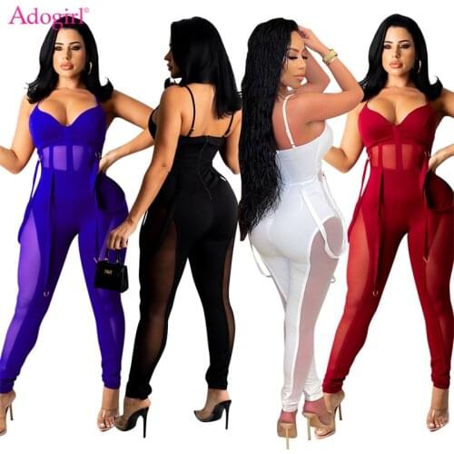 Adogirl Sheer Mesh Patchwork Ribbon Jumpsuits for Women Sexy Deep V Neck Spaghetti Straps Backless Skinny Overalls Club Bodysuit