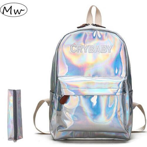 Moon Wood Fashion Holographic Laser Backpack Silver Pink Embroidered Crybaby Letters Hologram Backpack Girls School Bag PU 2019