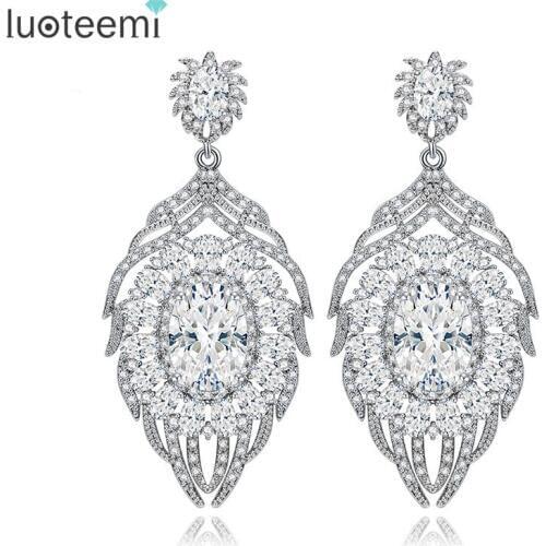 LUOTEEMI Luxurious Vintage Long Big Zircon Dangle Earrings Gold-Color Jewelry Fashion CZ Crystal Drop Brincos For Women