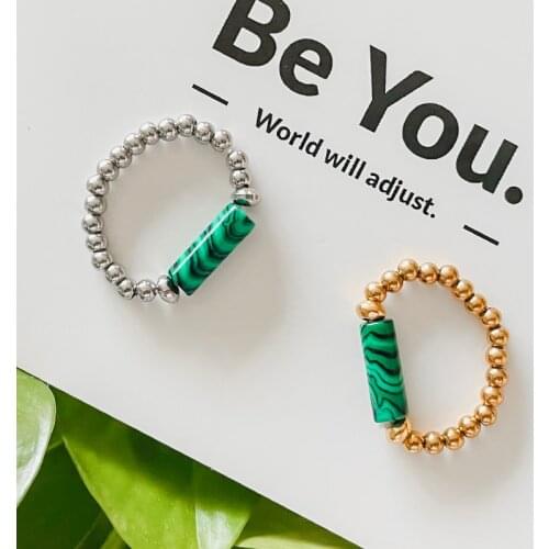 Boho Handmade Wedding Rings for Women Natural Stone Amethyst Opal Malachite White Turquoise Stainless Steel Beads Ring Set