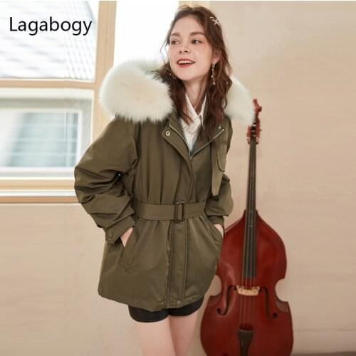 Lagabogy 2021 New Winter Women 90%White Duck Down Jacket Big Real Fox Fur Female Casual Thick Warm Parka Loose Coat Snow Outwear