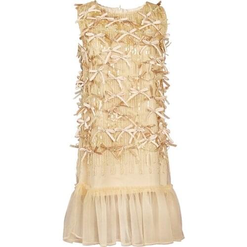 2021 Prestigious Evening Dresses Womens Luxury High-Grade Temperament Mesh Yarn Beaded Sequin Bow Sleeveless A-Line Dress