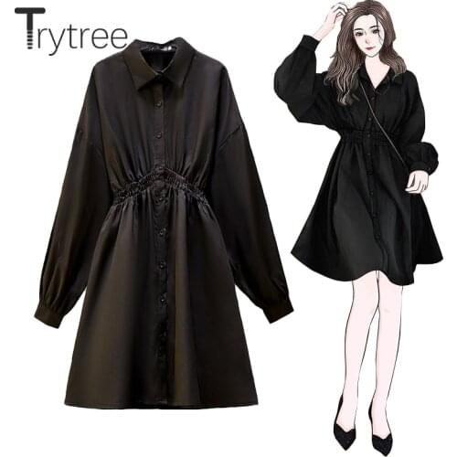 Trytree 2021 Spring Autumn Womens Dress Casual Turn-down Collar Single Breasted Elastic Waist A-line Office Lady Shirt Dress