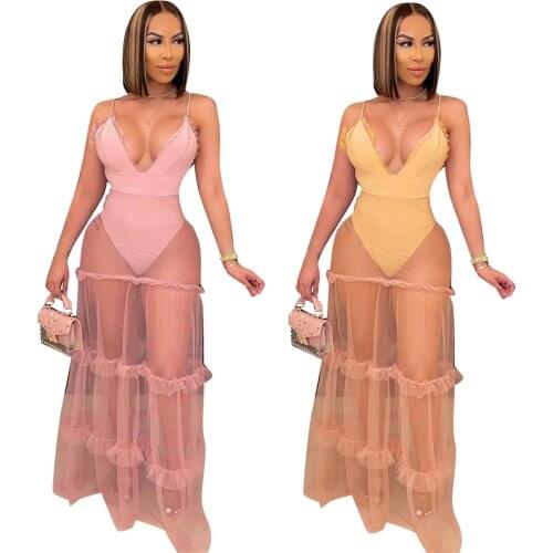 Sexy Patchwork Mesh Long Dress Ruffled Party Wear Spaghetti Strap V Neck Dresses Women Backless Bodycon Clubwear Summer Clothes