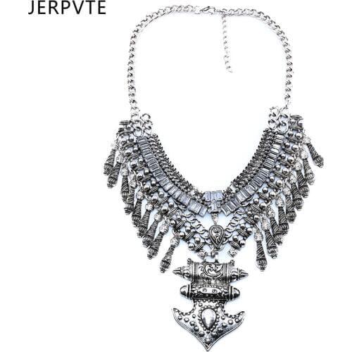 JERPVTE Silver Color Collier Vintage Jewelry For Women 2018 Tassel Maxi Necklace Rhinestone Collar Choker Statement Necklace
