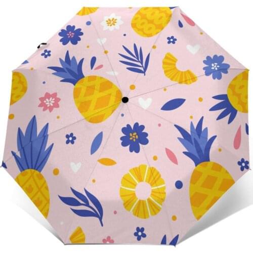 Wind Resistant Fully-Automatic Umbrella Summer Pineapples Flowers And Leaves Rain 3 Folding Parasol Travel Car Umbrella