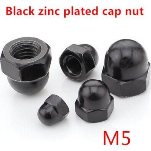 100pcs/lot M5 Cap Nuts DIN1587 Black Steel Zinc Coated Acorn Nuts Metric Fastener