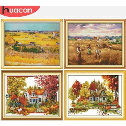 HUACAN Cross Stitch Fall Scenery Needlework Sets Kits White Canvas DIY Gift Home Decor Embroidery 11ct 14CT